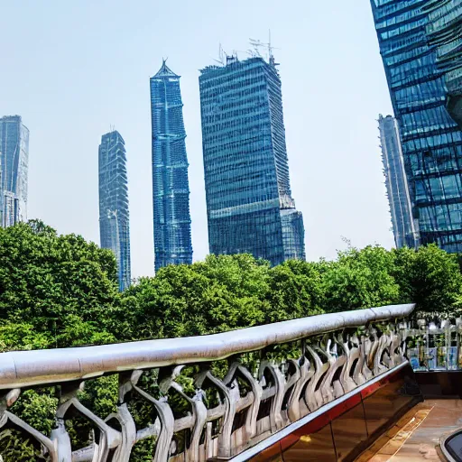 Prompt: photo of Chinese skyscrapers with trees on balcony