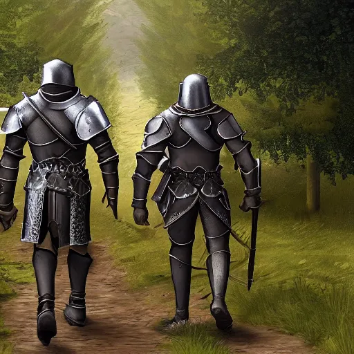Image similar to Knight Theo is all in iron armor and his squire, who only has a spear and a huge bag of supplies, are walking along a forest path. Beautiful style, very detailed