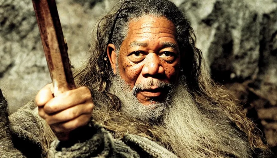 Prompt: morgan freeman starring as gimli in lord of the rings, cnn news footage taken from above.