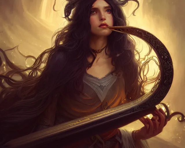 Image similar to photography of a dark long haired elve playing harp, deep focus, d & d, fantasy, intricate, elegant, highly detailed, digital painting, artstation, concept art, matte, sharp focus, illustration, hearthstone, art by artgerm and greg rutkowski and alphonse mucha