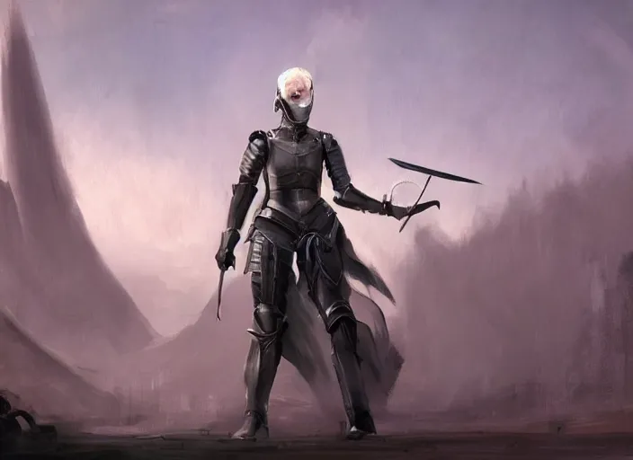 Prompt: landscape of a future city, a young english woman between the ages of 2 0 - 2 5 years, wearing armor and pointing a dagger, wearing a face full of anger. cinematic capture, dramatic condition, fine art, modern realism, sharp focus, good lighting, trending on artstation, trending on tiktok, smooth drawing, elegant, authoritative, without anomalies.