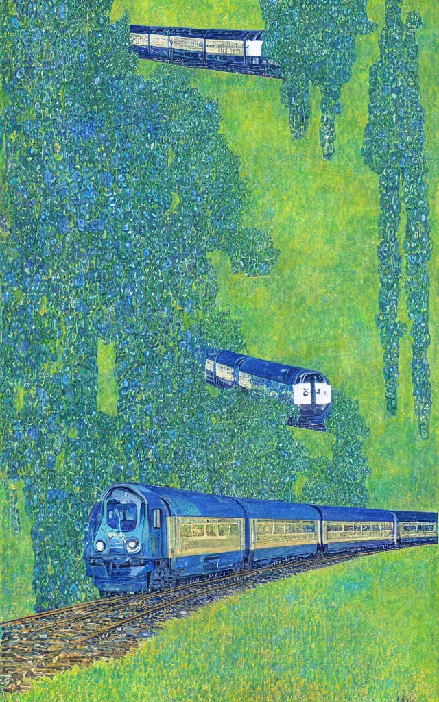 Image similar to blue and green train in the country, vintage poster, klimt style, overdetailed,