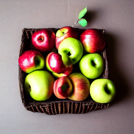 Image similar to anthropomorphic apples with mustaches and hats in a fruit basket