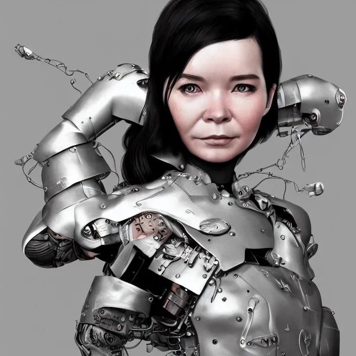 Image similar to hyper - realistic bjork leather cyborg - by tom bagshaw, by ilya kuvshinov, rtx rendering, octane render 1 2 8 k, maya, extreme high intricate details by wlop, digital anime art by ross tran, medium shot, close up shot, composition by sana takeda, dramatic lighting by greg rutkowski, 8 k, trending on artstation