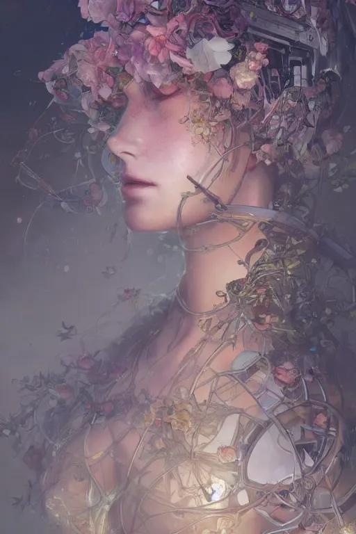 Image similar to ultra realistic, robot broken woman lying flower garden, cyberpunk, sci - fi, fantasy, intricate, elegant, highly detailed, digital painting, artstation, concept art, smooth, sharp focus, illustration, art by artgerm and greg rutkowski and alphonse mucha