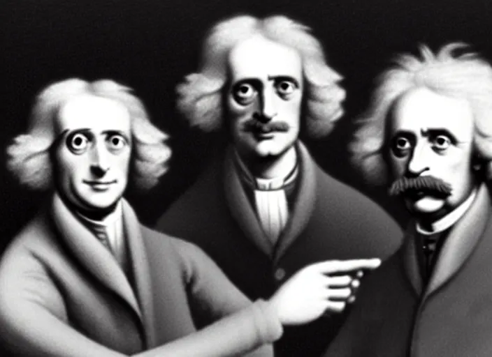 Image similar to selfie of isaac newton and stephen hawkins and albert einstein