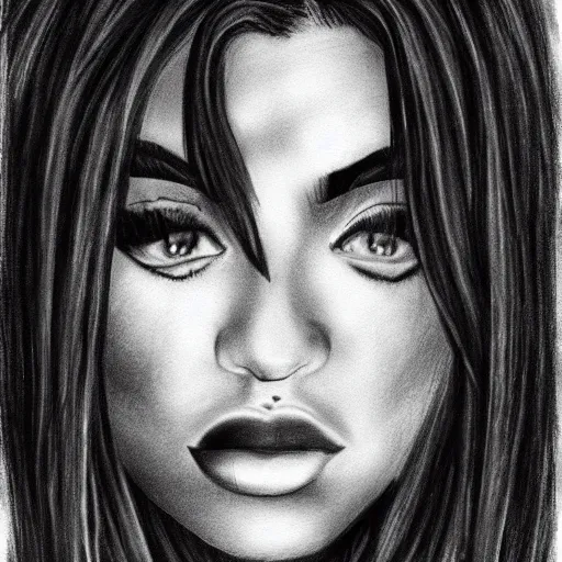 Image similar to grunge drawing of kylie jenner in the style of the grudge