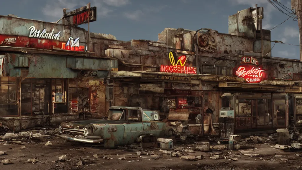 Image similar to post apocalyptic McDonald's, fallout, octane render, 4k