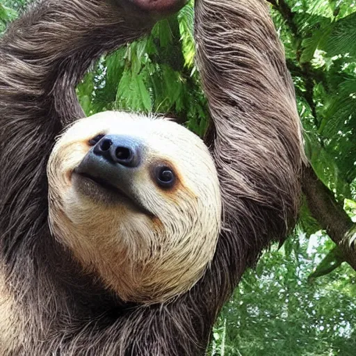 Prompt: A gigantic adorable sloth demands a hug.