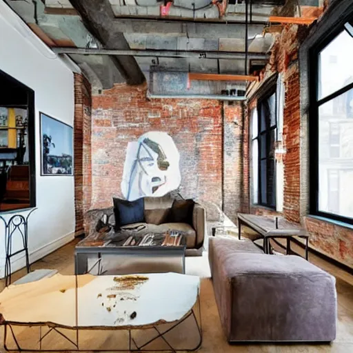 Image similar to trendy downtown loft with modern murals on the wall, contemporary art, and patterns, interior design, rustic industrial architecture