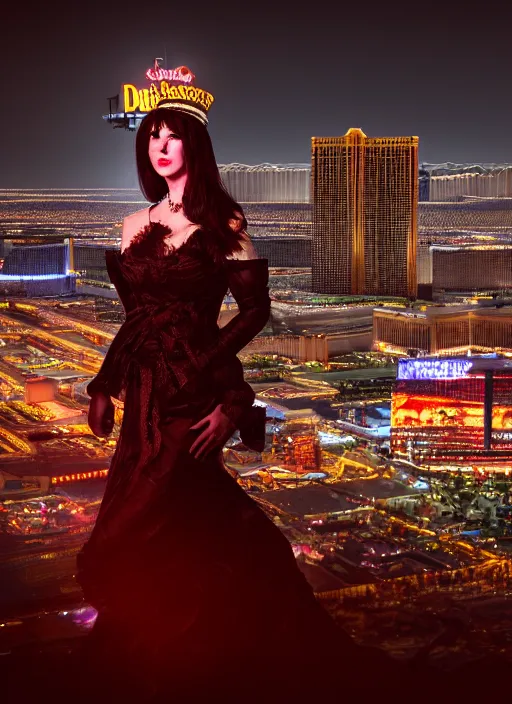 Prompt: full length portrait, duchess of blood, night shot of las vegas in background, highly detailed, CGsociety, subtle, concept art, HDR, hyper realistic, volumetric lighting, subsurface scattering, unreal