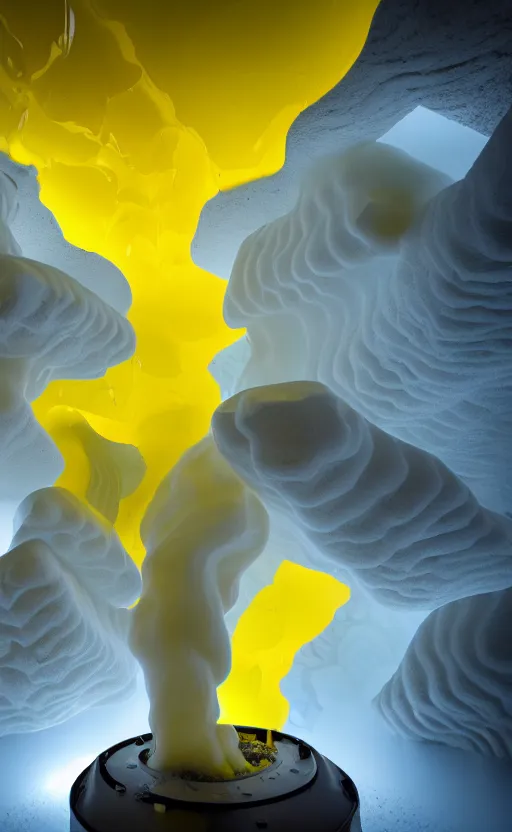 Prompt: photo of liquid nitrogen with yellow water-cooling coolant flowing through latent representations of yellow ice caverns undergoing centrifugal forces, computer circuitry sticking out the walls!!!!, high detail, high contrast!, low-poly elements!!!, 4k