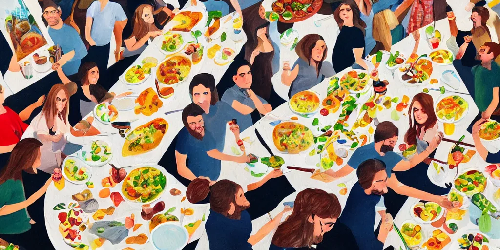 Image similar to painting of work colleagues of a design studio get together to feast on a big table with lots of food