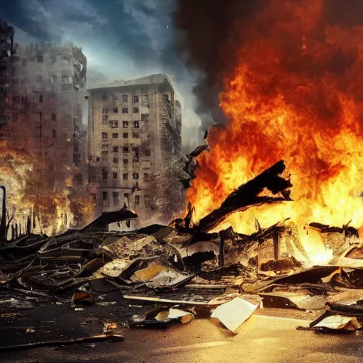 Image similar to animals destroy a city, fire, destruction, chaos