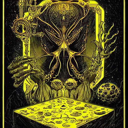 Prompt: black paper + tarot card + eldritch god, vintage detailed sci-fi illustration designed by Marc Simonetti and Mike Mignola + psychedelic black light style + intricate ink illustration + symmetry + bloodborne,