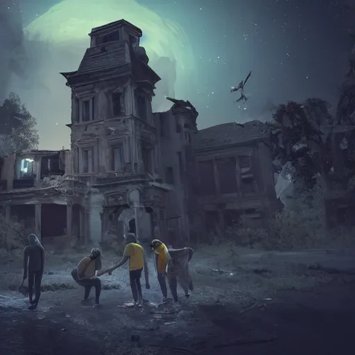 Prompt: A group of people exploring an abandoned city, they use flashlights, realistic, beautiful details, moonlight