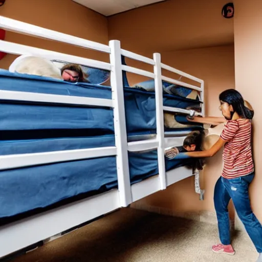 Prompt: monkeys moving into college dorm setting up furniture