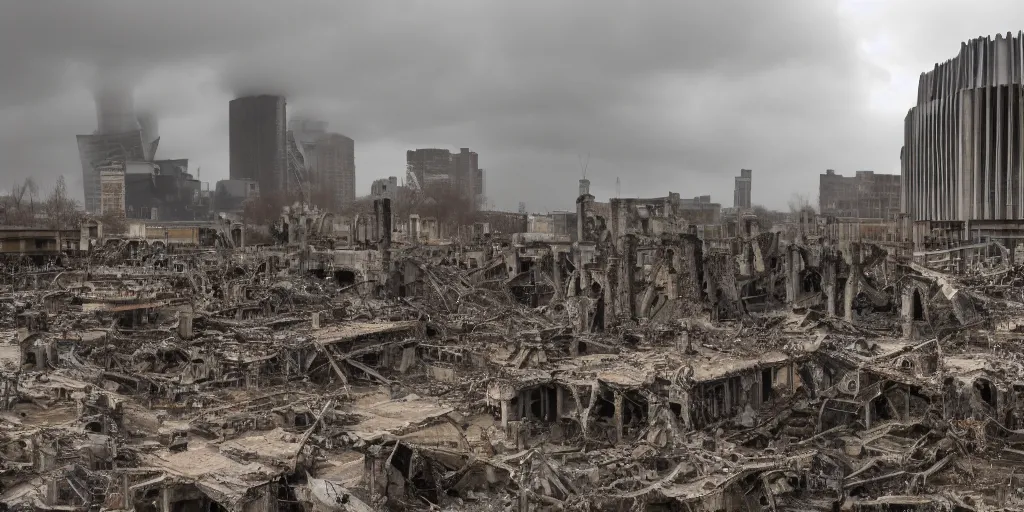 Image similar to a nuclear landscape of the southbank centre in london, collapsed brutalist architecture, groups of human figures stagger among the ruins, fog, dust atmosphere, brooding clouds, mushroom cloud, detailed, 4k