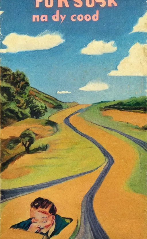 Image similar to paperback book cover. 1 9 5 0 s. pure colors, melting clouds, accurately drawn details, a sunburst above a receding road with the light reflected in furrows and ruts, after rain. and no girls.