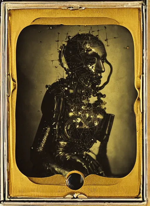 Image similar to old wetplate daguerreotype portrait of the birth of queen elisabeth cyborg, explosion of data fragments, fractal, intricate, elegant, highly detailed, parallax, leica, medium format, subsurface scattering, by jheronimus bosch and greg rutkowski and louis jacques mande daguerre