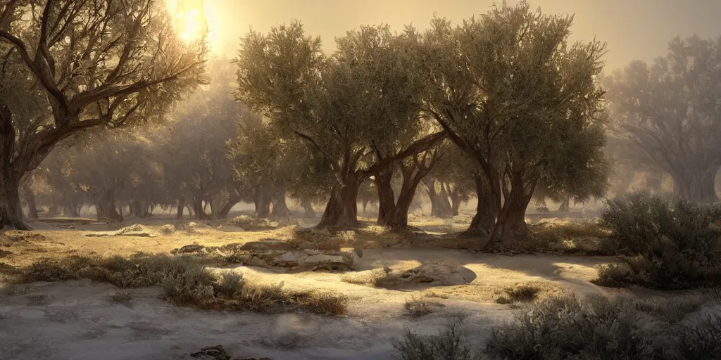 Prompt: A hyperrealistic concept art of a very beautiful winter in ancient egypt, lots of oak and olive trees, stunning massive ornately 3d render inspired art by Renato muccillo and Andreas Rocha and Johanna Rupprecht + symmetry + natural volumetric lighting, 8k octane beautifully detailed render, post-processing, highly detailed, intricate complexity, epic composition, magical atmosphere, cinematic lighting + masterpiece, trending on artstation