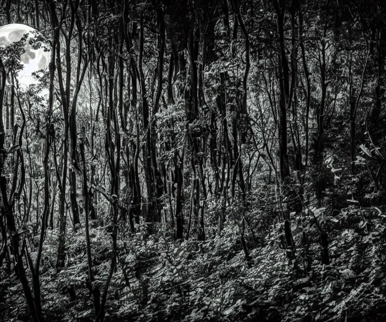 Image similar to a lush dense green forest, colorful glowing vines, black and white wildlife, moon shining, soft tones, night time highly detailed, 50mm