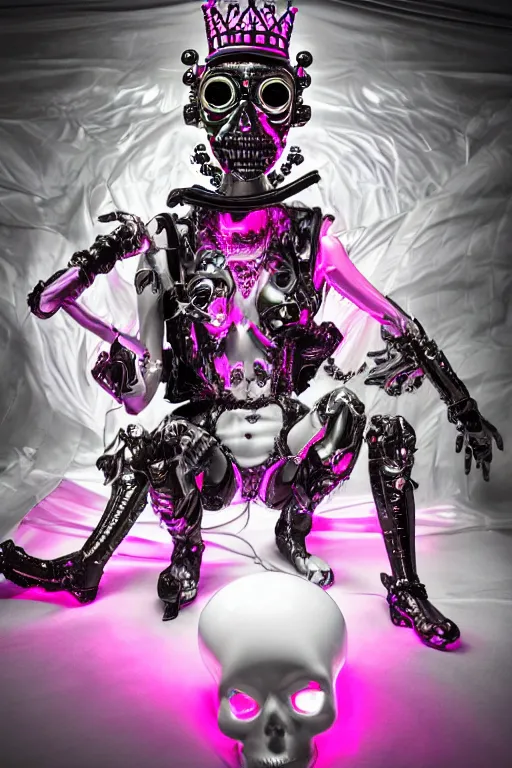 Image similar to full-body rococo and cyberpunk style neon statue of a young attractive portugues macho dotado android reclining sim roupa con piroca, glowing white laser eyes, prince crown of pink gears, diamonds, swirling silver-colored silk fabric. futuristic elements. full-length view. space robots. human skulls. intricate artwork by caravaggio. Trending on artstation, octane render, cinematic lighting from the right, hyper realism, octane render, 8k, depth of field, 3D