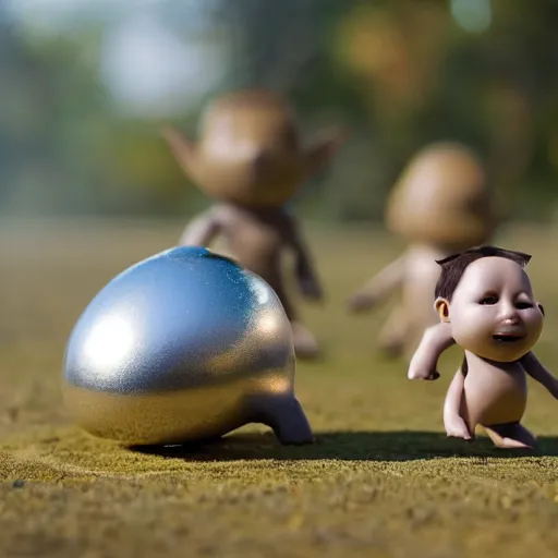 Image similar to two small alien humanoids walking around a landed silver ufo, realistic