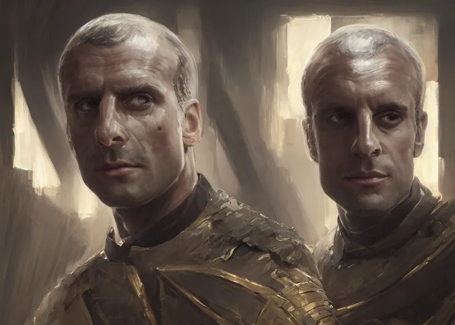 Prompt: painting portrait of Emmanuel Macron dressed as Emperor Vitiate Valkorion in Star Wars, sharp focus, waist up, trending on ArtStation, masterpiece, by Greg Rutkowski, by Ross Tran, by Fenghua Zhong, octane, clear eyes, soft render, clear facial features, oil on canvas, moody lighting, cinematic, professional environment concept art