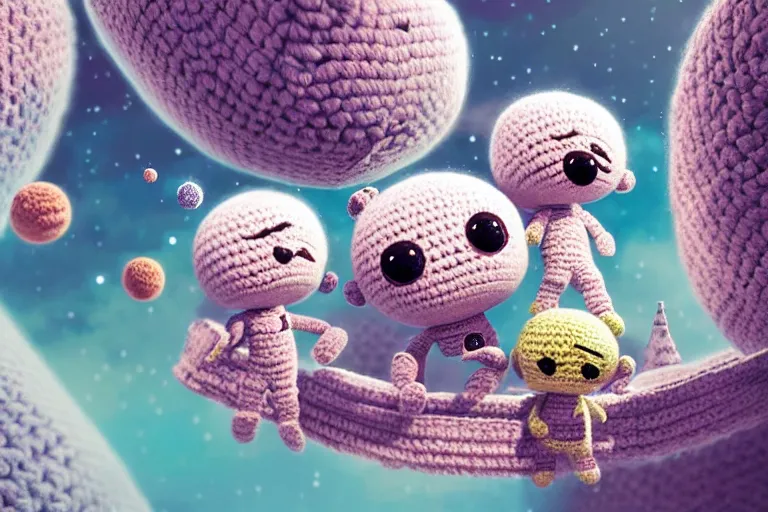 Image similar to an expedition of crochet cute astronauts discovering a new fluffy planet made out of yarn. cute, illustration, digital art, inspired by little big planet, by greg rutkowski, detailed, sharp, masterpiece, highly detailed, photorealistic, octane render, 8 k, unreal engine 5, trending on artstation, vivid colors