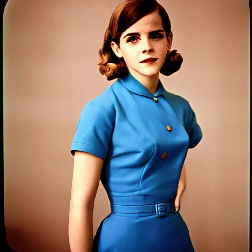 Prompt: emma watson, flight attendant 1 9 6 0 s, award winning, kodak ektachrome expired blue tint,