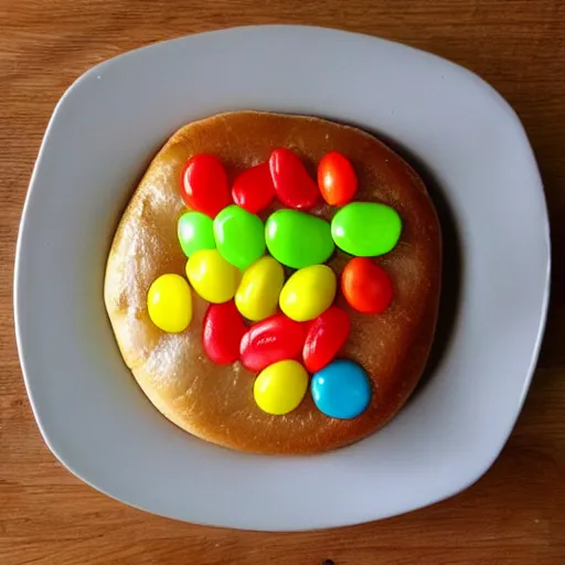 Prompt: hamburger made of jellybeans