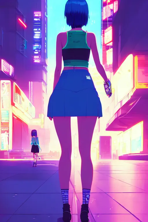 Prompt: digital illustration of cyberpunk pretty girl with blue hair, wearing a short mini skirt and tank top, in city street at night, by makoto shinkai, ilya kuvshinov, lois van baarle, rossdraws, basquiat