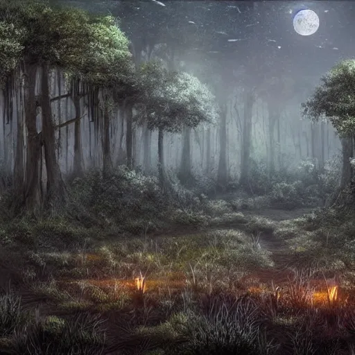 Prompt: A lush deserted ancient fantasy forest at night, with large trees and devoid of life, high details, realistic art.