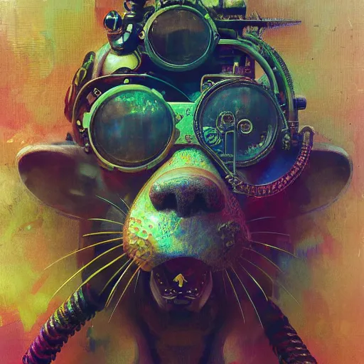 Image similar to steampunk rat, acid, 303, psychedelic, by ruan jia