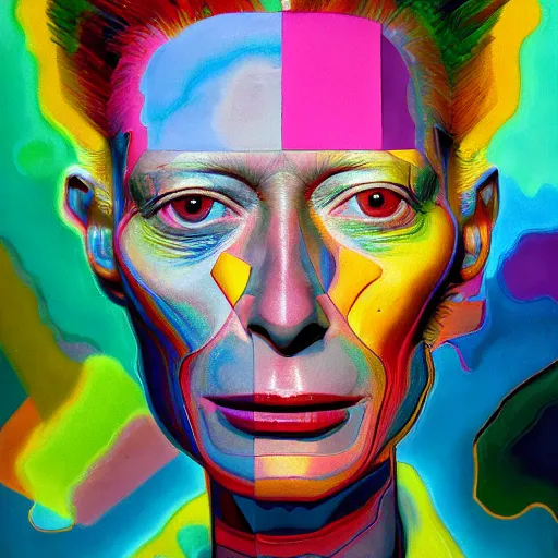 Prompt: a realistic octane render physically based rendering chrome neon tilda swinton, trending on artstation, by archan nair and marlene dumas, intricate details, gilded, in the style of frank auerbach, by kandinsky