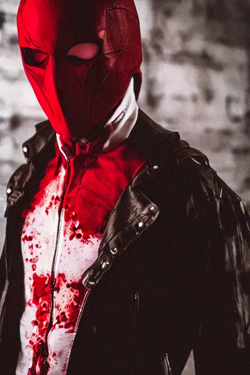 Image similar to red hood cosplay, creepy, disturbing, bloody, darkness, grainy, urban, jeans, white jacket