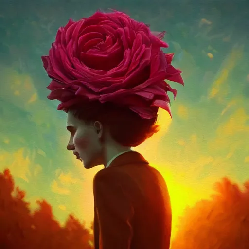 Image similar to closeup, giant rose flower head, frontal, girl in a suit, surreal photography, sunrise, dramatic light, impressionist painting, digital painting, artstation, simon stalenhag