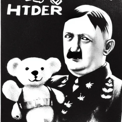 Image similar to hitler holding a teddy bear, propaganda poster