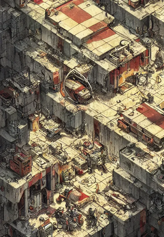 Image similar to [Underground colony with checkered flags, rust and brutalist buildings and little mushrooms. Propaganda poster, intricate, elegant, highly detailed, digital painting, artstation, concept art, matte, sharp focus, illustration, art by Enki Bilal and Moebius]