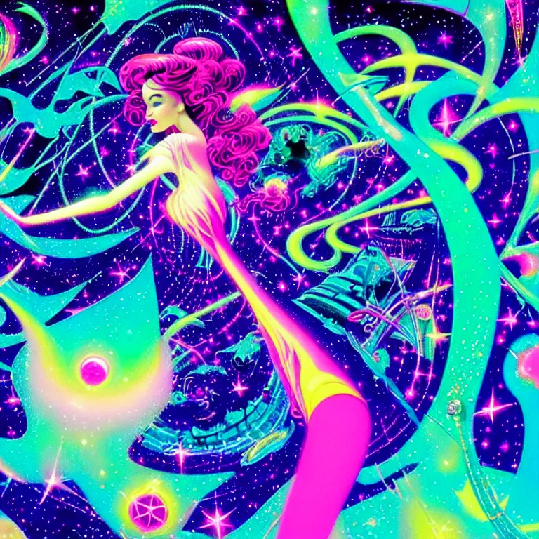 Image similar to cosmic girl, medium close - up, infinite crystal ascent, bright neon colors, highly detailed, cinematic, eyvind earle, tim white, philippe druillet, roger dean, lisa frank, aubrey beardsley