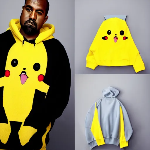 Image similar to Kanye West in a yellow pikachu! hoody, Studio Photograph, portrait C 12.0
