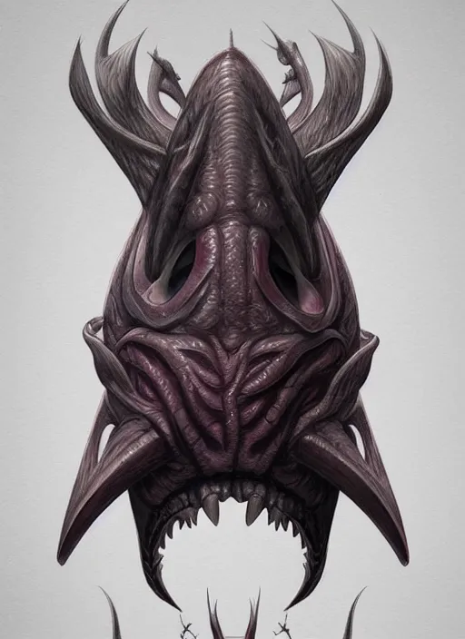 Prompt: anthropomorphic triangle brain in edgy darkiron hagfish demon, intricate, elegant, highly detailed animal monster, digital painting, artstation, concept art, smooth, sharp focus, illustration, art by artgerm, dwayne barlowe, trending on artstation and greg rutkowski and alphonse mucha, 8 k