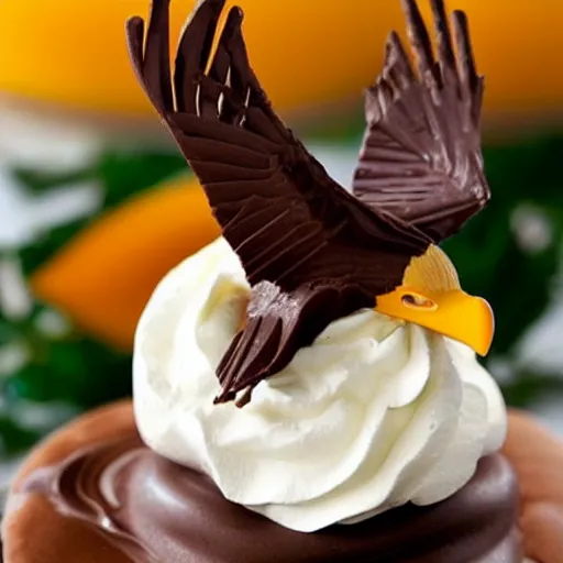 Image similar to a bald eagle made of chocolate powder, mango, and whipped cream