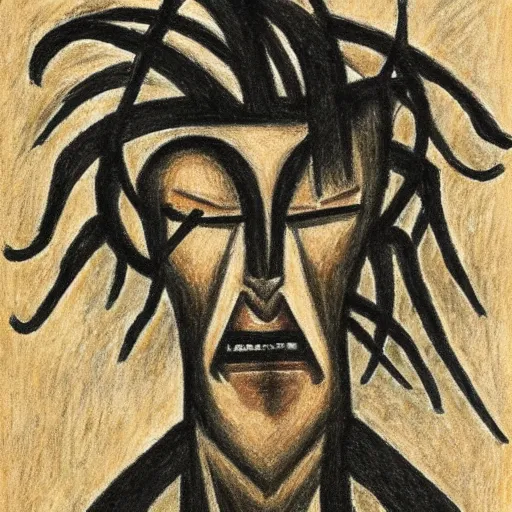 Image similar to unified by erich heckel. a beautiful drawing of a human - like creature with long, stringy hair. the figure has no eyes, only a mouth with long, sharp teeth. the creature is standing on a cliff overlooking a dark, foreboding sea.