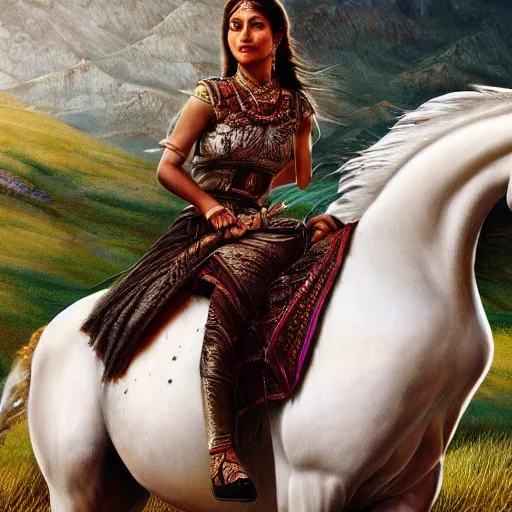 Image similar to full body shot of a beautiful young kurdish woman riding a beautiful white horse in the kurdish mountains art by martin ansin, highly detailed, 8 k, high resolution, award winning art, incredibly intricate, beautiful and symmetrical face