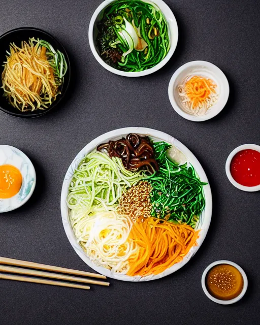 Image similar to realistic photo of delicious bimbimbap, bowl, white kitchen table, cloth, onion, greenery, marble, highly detailed, by louise lister, sara ali, mary devinat, kailee mandel, masterpiece, award winning, food photography