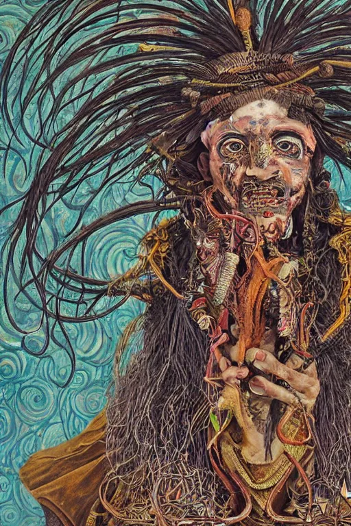Image similar to a high hyper - detailed painting with complex textures, of an oriental shaman with tangled hair and a terrifying mask, wears a tunic vs. barefoot and has a cane, he is performing a ritual to access the world of imagination and dreams, cosmic horror spiritual visionsrio psychedelic weird bizarre art