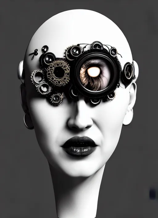 Image similar to black and white gothic masterpiece profile face portrait, one steampunk eye biomechanical beautiful young female cyborg - vampire, body meshes, big monocular, volumetric light, hibiscus flowers, by hg giger, rim light, big gothic fashion pearl embroidered collar, 8 k