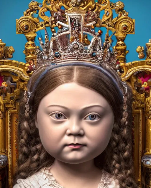 Image similar to highly detailed closeup, face profile portrait of a tin toy greta thunberg as queen victoria wearing a crown and sitting on a throne, bikini, depth of field, nicoletta ceccoli, mark ryden, lostfish, max fleischer, breathtaking, detailed and intricate environment, 8 k resolution, hyperrealistic, octane render